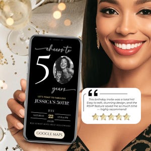 Close-up of an elegant black and gold 50th birthday invite digital template on a phone screen reading "Cheers to 50 years." Includes a 5-star customer review testimonial highlighting the ease of use of this editable animated party evite and online guest tracker system.