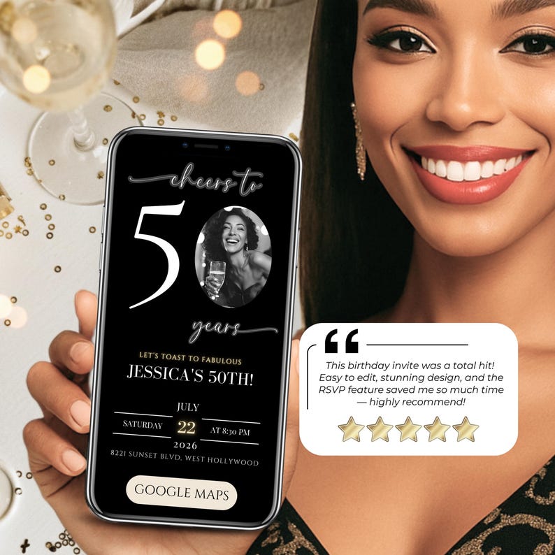 Close-up of an elegant black and gold 50th birthday invite digital template on a phone screen reading "Cheers to 50 years." Includes a 5-star customer review testimonial highlighting the ease of use of this editable animated party evite and online guest tracker system.