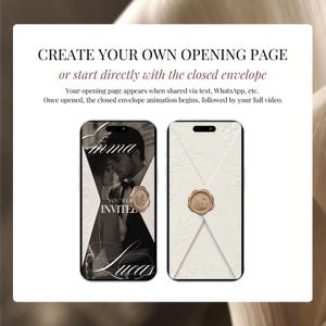 Digital wedding invite opening options: create a custom opening page or start directly with the closed ivory envelope and wax seal animation, shown on two phone mockups.