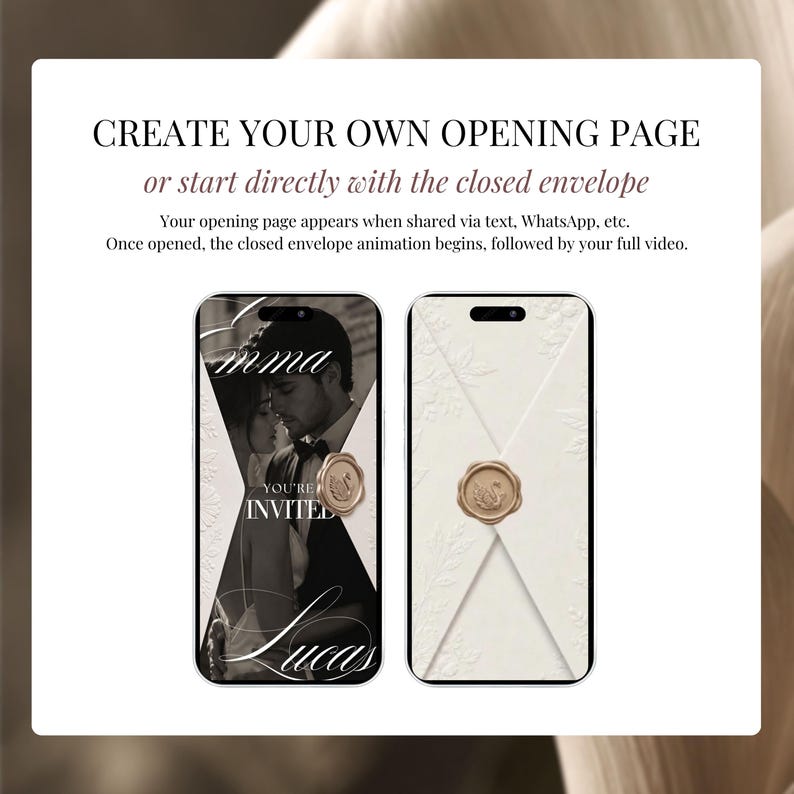 Digital wedding invite opening options: create a custom opening page or start directly with the closed ivory envelope and wax seal animation, shown on two phone mockups.