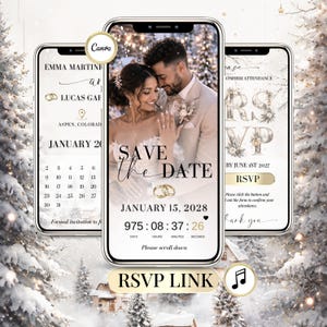 Könnte beinhalten: Drei Smartphones zeigen digitale Hochzeitseinladungsvorlagen mit Winterthema. Die Bildschirme zeigen Text wie Save the Date, 15. Januar 2028 und RSVP, sowie ein Paar, goldene Ringe und einen Countdown-Timer vor einem verschneiten Hintergrund.
