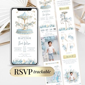 Zaproszenie na Chrzest Chłopca Niebieska Karuzela Baptism Invite Boy Digital Canva Template, Cyfrowe Zaproszenie Chrzest Pierwsza Komunia