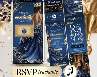 Invitación Web Quinceañera Azul Navy/Royal con RSVP & Música | Sweet 16 Invitación Digital Online | Plantilla Editable Canva