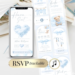 Heaven Sent baby shower digital invitation blue for baby boy featuring soft cloud design, teddy bear illustration and elegant bows. Editable Canva baby shower website with online RSVP tracker, Google Form, countdown timer, background music, YouTube song option and Google Maps link. Modern blue baby shower invite, mobile-friendly digital baby shower invitation for boy, teddy cloud theme.