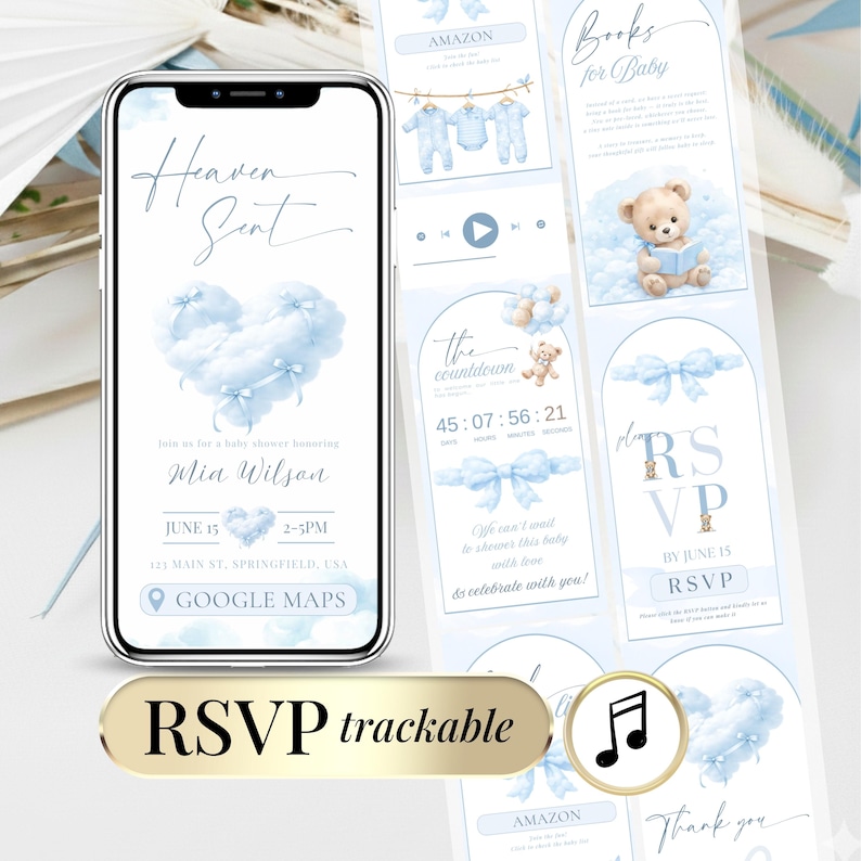 Heaven Sent baby shower digital invitation blue for baby boy featuring soft cloud design, teddy bear illustration and elegant bows. Editable Canva baby shower website with online RSVP tracker, Google Form, countdown timer, background music, YouTube song option and Google Maps link. Modern blue baby shower invite, mobile-friendly digital baby shower invitation for boy, teddy cloud theme.