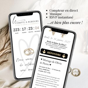 Aperçu d’une invitation de mariage digitale avec compte à rebours synchronisé, musique intégrée, RSVP en ligne instantané et design élégant beige et or, affichée sur smartphone.