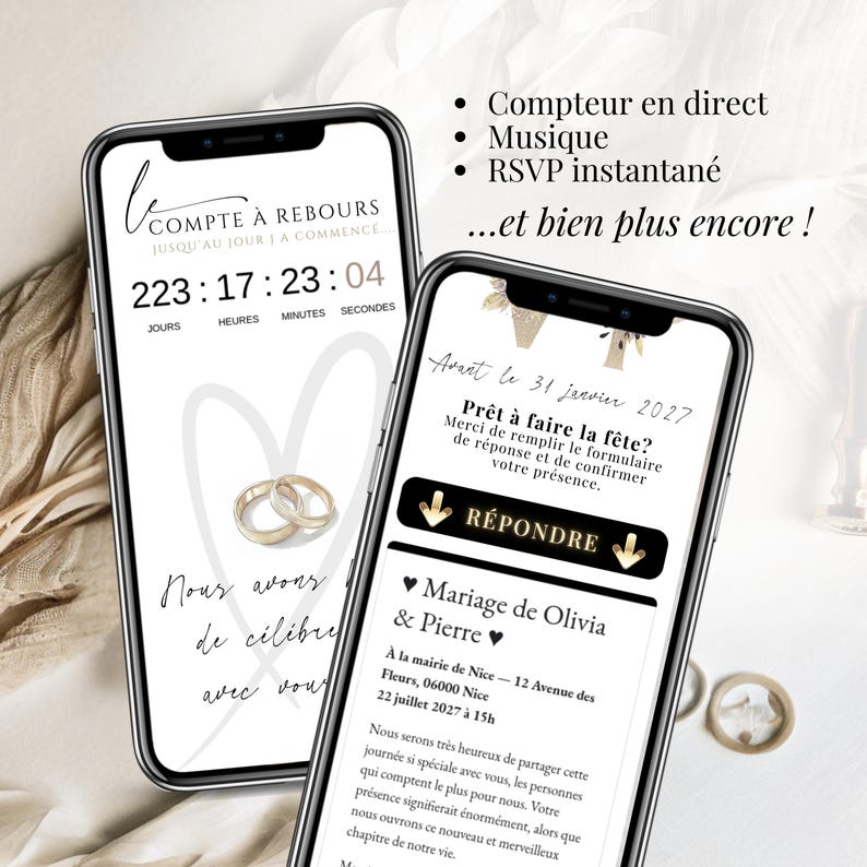 Aperçu d’une invitation de mariage digitale avec compte à rebours synchronisé, musique intégrée, RSVP en ligne instantané et design élégant beige et or, affichée sur smartphone.