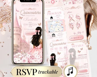 Quinceañera Digital Invitation with RSVP Website | Pink Sweet 16 Mis Quince 15 Anos Template | Editable Canva Invite with Countdown & Music