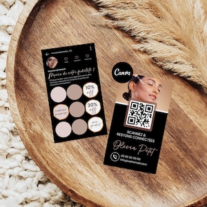 Carte de fidélité noir luxe en français, design rose gold élégant, modèle Canva personnalisable pour esthéticienne et institut de beauté
