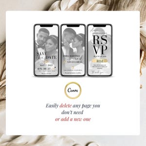 Digital Save the Date wedding invitation optimized for phones, tablets and desktop, showing responsive animated Canva wedding invite layout.