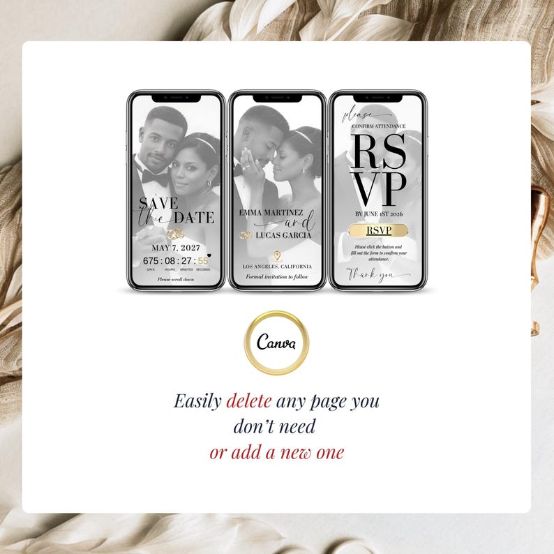 Digital Save the Date wedding invitation optimized for phones, tablets and desktop, showing responsive animated Canva wedding invite layout.