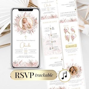 Invitación de Bautizo Digital – Plantilla Minimalista y Floral Christening Evite con Foto Invitación Electrónica de Bautizo para Niña o Hija