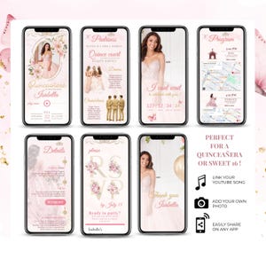 Quinceañera or Sweet 16 digital invitation template shown on mobile phones. Includes customizable RSVP, YouTube music link, event program, padrinos, court of honor, countdown, wishlist, and thank-you page. Elegant pink floral design with photo upload option. Editable in Canva, mobile-friendly, and easy to share via email, text, or social media. Perfect for modern 15th birthday events.