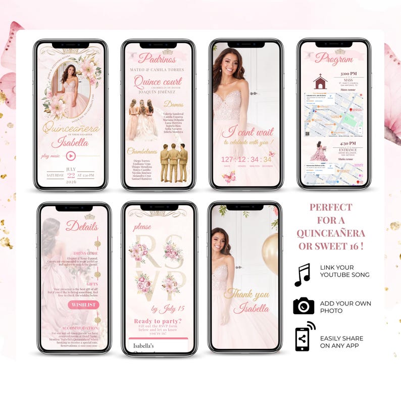 Quinceañera or Sweet 16 digital invitation template shown on mobile phones. Includes customizable RSVP, YouTube music link, event program, padrinos, court of honor, countdown, wishlist, and thank-you page. Elegant pink floral design with photo upload option. Editable in Canva, mobile-friendly, and easy to share via email, text, or social media. Perfect for modern 15th birthday events.