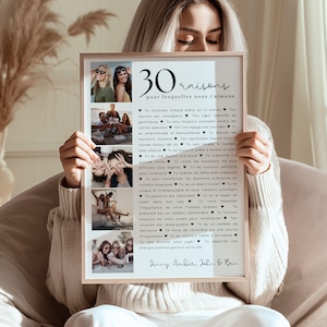 Affiche Carte Anniversaire 30 Ans - 30 Raisons Pour Lesquelles Nous t'Aimons - Cadeau Femme 30 ans à Imprimer - Idée Cadeau Unique  Pas Cher