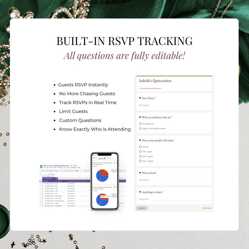 Track RSVPs in real time with this Emerald Green Quinceañera Invitation Website. Includes editable Google RSVP form, attendance tracking, guest management, custom questions, and online RSVP system for Sweet 16 and Quinceañera parties.