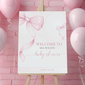 Pink Bow Baby Shower Welcome Sign Printable, Girl Baby Shower Editable Welcome Poster, Coquette Bow Girl Baby Shower Pink Ribbon Bow Canva