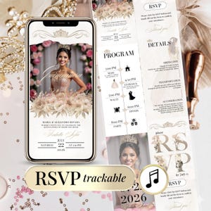 Quinceanera Invitation Digital with Photo Sweet 15 Birthday Invite - Invitation Quinceañera Numérique Anniversaire Modèle et RSVP Cliquable