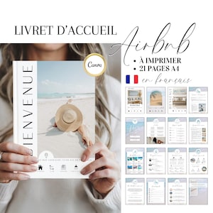 Folleto de bienvenida de Airbnb en francés – Plantilla Canva 21 páginas A4 – Para alquileres vacacionales junto al mar con carteles de bienvenida para imprimir