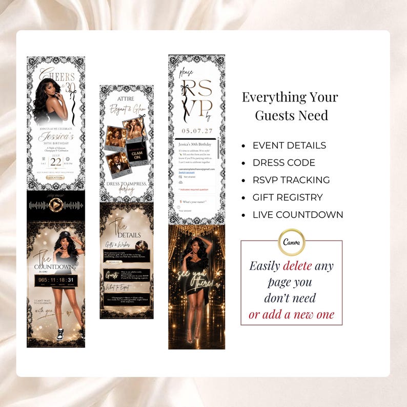 Glam birthday website invitation with black lace, champagne gold accents, RSVP tracking, dress code, gift registry and live countdown. Elegant digital birthday invitation for 30th, 40th, 50th or any age celebration, editable in Canva.