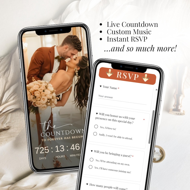 Animated wedding invitation with live countdown timer, custom music, and online RSVP form displayed on smartphone for modern digital weddings.