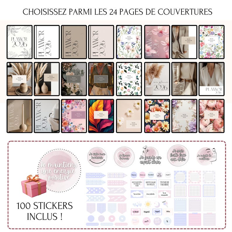 Planner Digital 2026 Personnalisable – Choisissez parmi 24 couvertures élégantes et utilisez plus de 100 stickers digitaux inclus pour organiser votre année avec style. Compatible GoodNotes, Notability, iPad et tablettes, ce agenda numérique complet en français combine esthétique et praticité. Calendrier daté 2026 + pages mensuelles, hebdomadaires, journalières et trackers pour une organisation optimale.