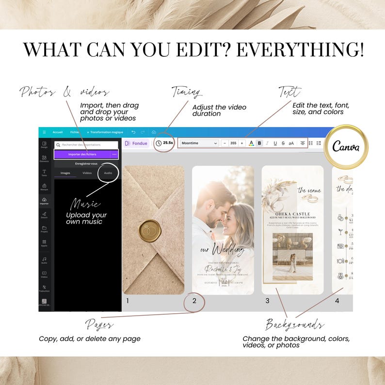 Editable Canva wedding video template with full customization options. Image displays Canva interface with instructions on how to edit photos, videos, text, fonts, music, timing, backgrounds, and page layout. Perfect for creating a personalized digital wedding invitation with music and animations. Ideal for modern, paperless weddings shared via WhatsApp, email, or text. Easy to use, no design skills needed.