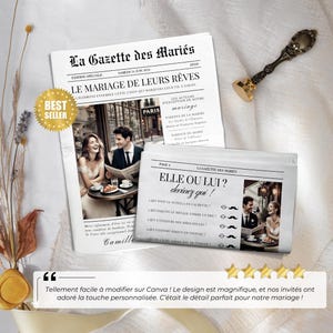 Template de journal de mariage, Gazette des Mariés Canva personnalisable, invitation et faire-part 4 pages, disponible en A3, A4, A5, parfait pour un mariage mémorable.