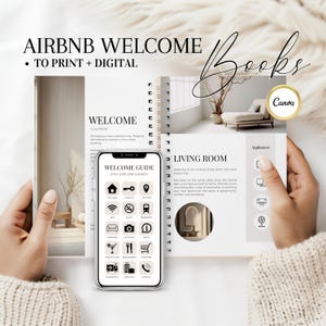 Pode incluir: Um guia de boas-vindas do Airbnb imprimível e digital com um esquema de cores bege e branco. O guia inclui uma mensagem de boas-vindas, um guia de boas-vindas com ícones e uma seção de sala de estar com uma descrição do quarto e uma lista de eletrodomésticos. O guia foi projetado para ajudar os hóspedes a se sentirem bem-vindos e informados durante sua estadia.