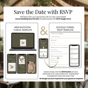 Save the date wedding website with RSVP Canva template, digital wedding invitation mobile friendly, Google Forms RSVP integration, elegant green wedding invite, editable Canva wedding website, interactive RSVP system, paperless wedding invitation