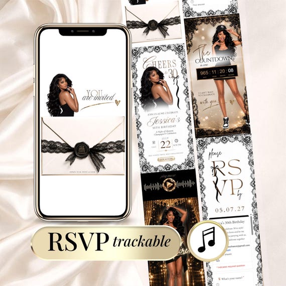 Birthday Invitation with RSVP, 30th 40th 50th Any Age Birthday Invite, Black Gold Glam Digital Invitation, Birthday Website with Music Canva