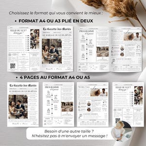 Gazette des Mariés personnalisable, modèle Canva de faire-part de mariage, 4 pages en format A3, A4, A5, design unique style journal pour invitation originale.