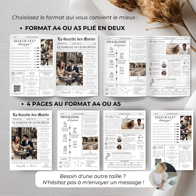 Gazette des Mariés personnalisable, modèle Canva de faire-part de mariage, 4 pages en format A3, A4, A5, design unique style journal pour invitation originale.
