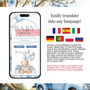 Editable Teddy Bear Baby Registry page translated into multiple languages with customizable text, registry links and personalized Canva Baby Shower website invitation template.