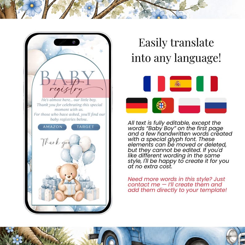 Editable Teddy Bear Baby Registry page translated into multiple languages with customizable text, registry links and personalized Canva Baby Shower website invitation template.