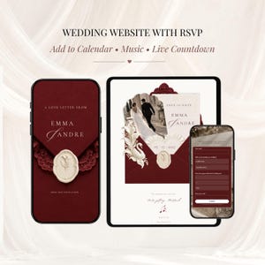 Ivory fabric background with burgundy wedding website displayed on two phones and a tablet, showing lace envelope, wax seal and RSVP form. Digital wedding invitation with RSVP, Add to Calendar, music and live countdown.