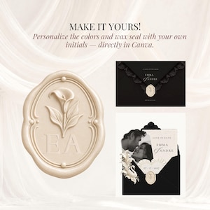Large ivory floral wax seal with EA initials beside black versions of the wedding envelope and Save the Date design. Customizable wedding website Canva template with editable colors, personalized monogram and wax seal initials.