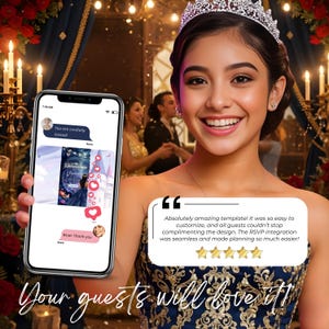 Digital Blue & Gold Quinceañera Invitation Website Template with RSVP tracking, editable in Canva. Fairytale enchanted forest design featuring princess blue dress, golden lights, music option, and mobile preview. Perfect for Quinceañera 15, Sweet 16, online RSVP link, and instant download invitation for texting, WhatsApp, and QR sharing.