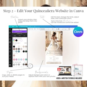 Edit your digital Quinceañera invitation website in Canva. Customize text, fonts, colors, pages, and background. Upload photos, drag and drop elements, and personalize your Sweet 15 or Sweet 16 event site. Includes tutorial video and written guide. Perfect for editable RSVP invitations in champagne and gold tones.