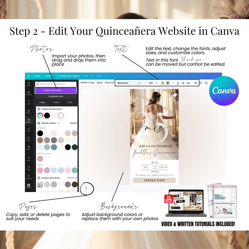 Edit your digital Quinceañera invitation website in Canva. Customize text, fonts, colors, pages, and background. Upload photos, drag and drop elements, and personalize your Sweet 15 or Sweet 16 event site. Includes tutorial video and written guide. Perfect for editable RSVP invitations in champagne and gold tones.