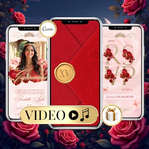 Red Quinceanera Video Invitation, Editable Animated Digital Invite for Sweet 15 Birthday Celebration, Mis Quince 15 Anos Sweet 16 Invite