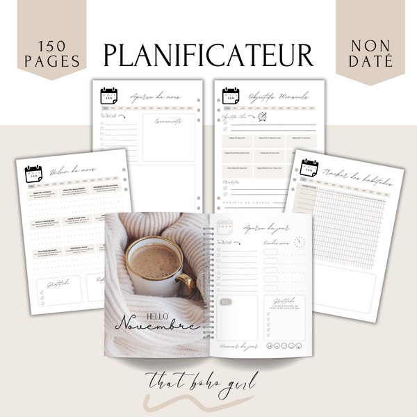 Undated paper or digital diary sheets, Complete Pack of Inserts in French, day, week, month year, PDF to print 150 PAGES A5