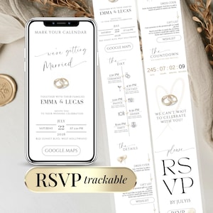 May include: A digital wedding invitation displayed on a smartphone, featuring the text "we're getting Married" and details for the event. The invitation includes a countdown timer, RSVP information, and a gift list.