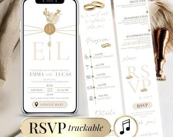 Digital Wedding Invitation with Clickable RSVP Link, Editable Canva Wedding Template Online White Gold Wedding Invite Website with Countdown