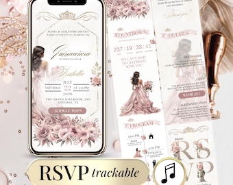 Pink & Gold Quinceañera Invitation Website, RSVP Tracker (Canva Template)