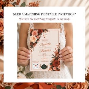 Terracotta fall wedding invitation with burnt orange floral design, matching 5x7 printable wedding invite template editable in Canva, featuring warm autumn flowers and elegant seasonal wedding details.