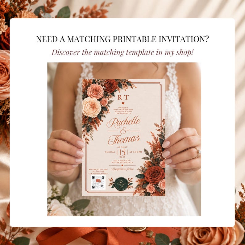 Terracotta fall wedding invitation with burnt orange floral design, matching 5x7 printable wedding invite template editable in Canva, featuring warm autumn flowers and elegant seasonal wedding details.