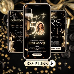 Animated 50th Birthday Invitation Digital Template | Black Gold Luxury Party Evite with RSVP Tracker, Countdown, Editable Canva Men & Women
