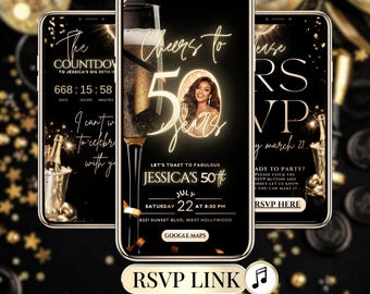 Animated 50th Birthday Invitation Digital Template | Black Gold Luxury Party Evite with RSVP Tracker, Countdown, Editable Canva Men & Women