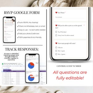 May include: Screenshots of a wedding RSVP Google Form displayed on smartphones. The form includes fields for name, attendance, and guest count. Text highlights features like auto-RSVPs, easy editing, and paperless options. A spreadsheet and pie charts track responses.